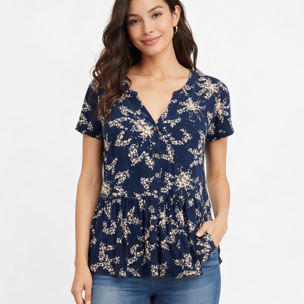 Wonderly Floral Peplum Top XL Navy Blue Button Front Boho Blouse Womens